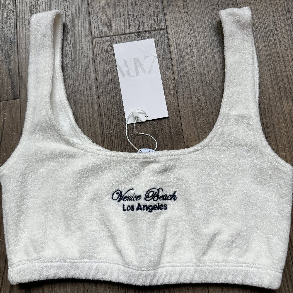 Zara White Terry Crop Top with Navy 'Venice Beach Los Angeles' Embroidery